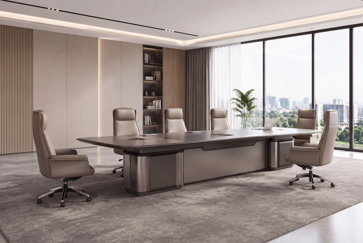 Executive boardroom with conference table and city view