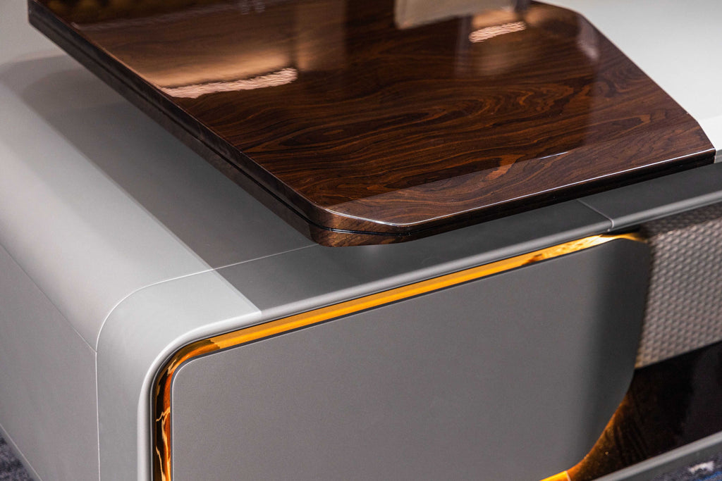Amber walnut and obsidian gray finish detail