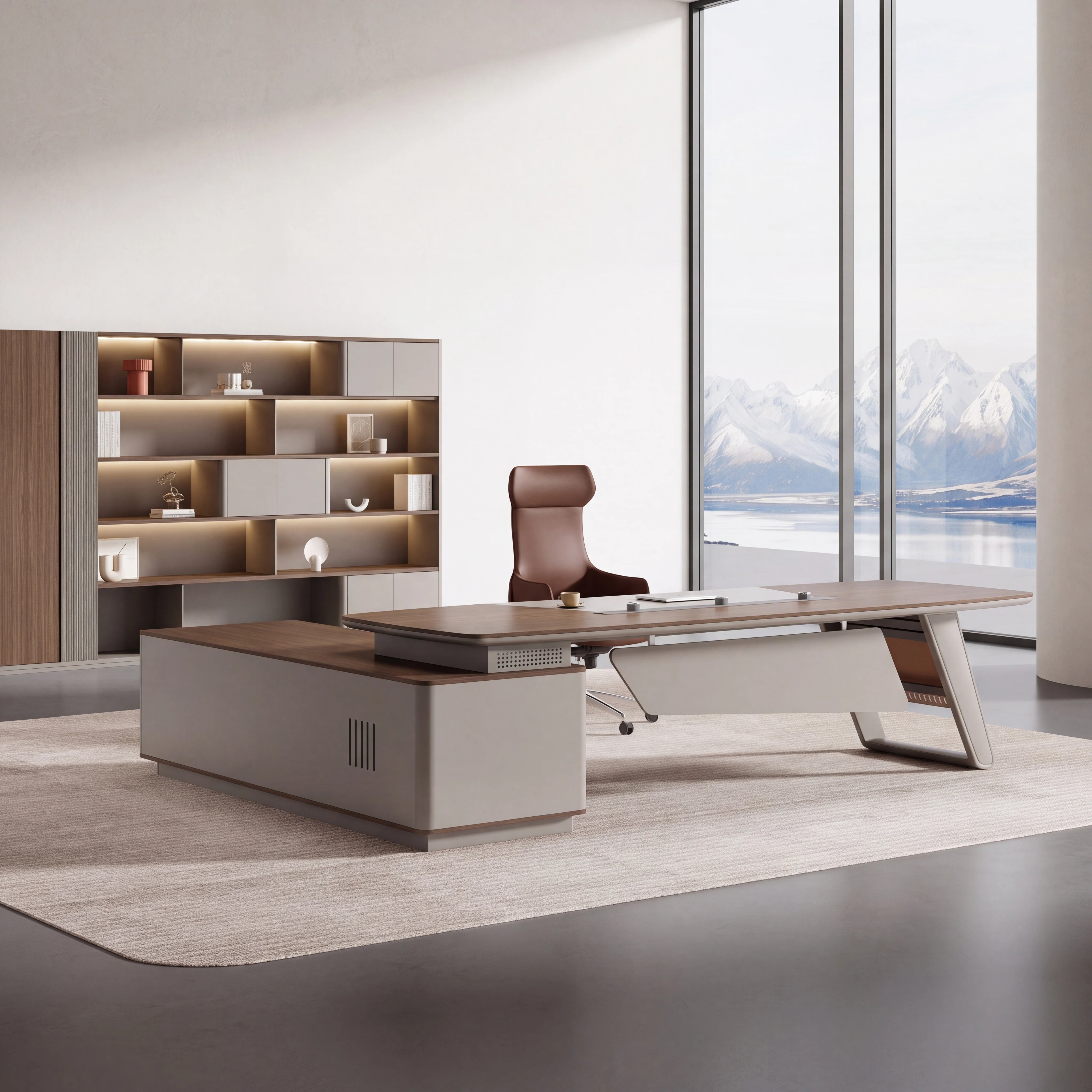 Executive office desk with storage and mountain view