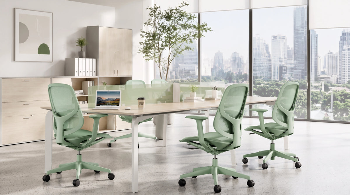 Bright modern office with green ergonomic chairs