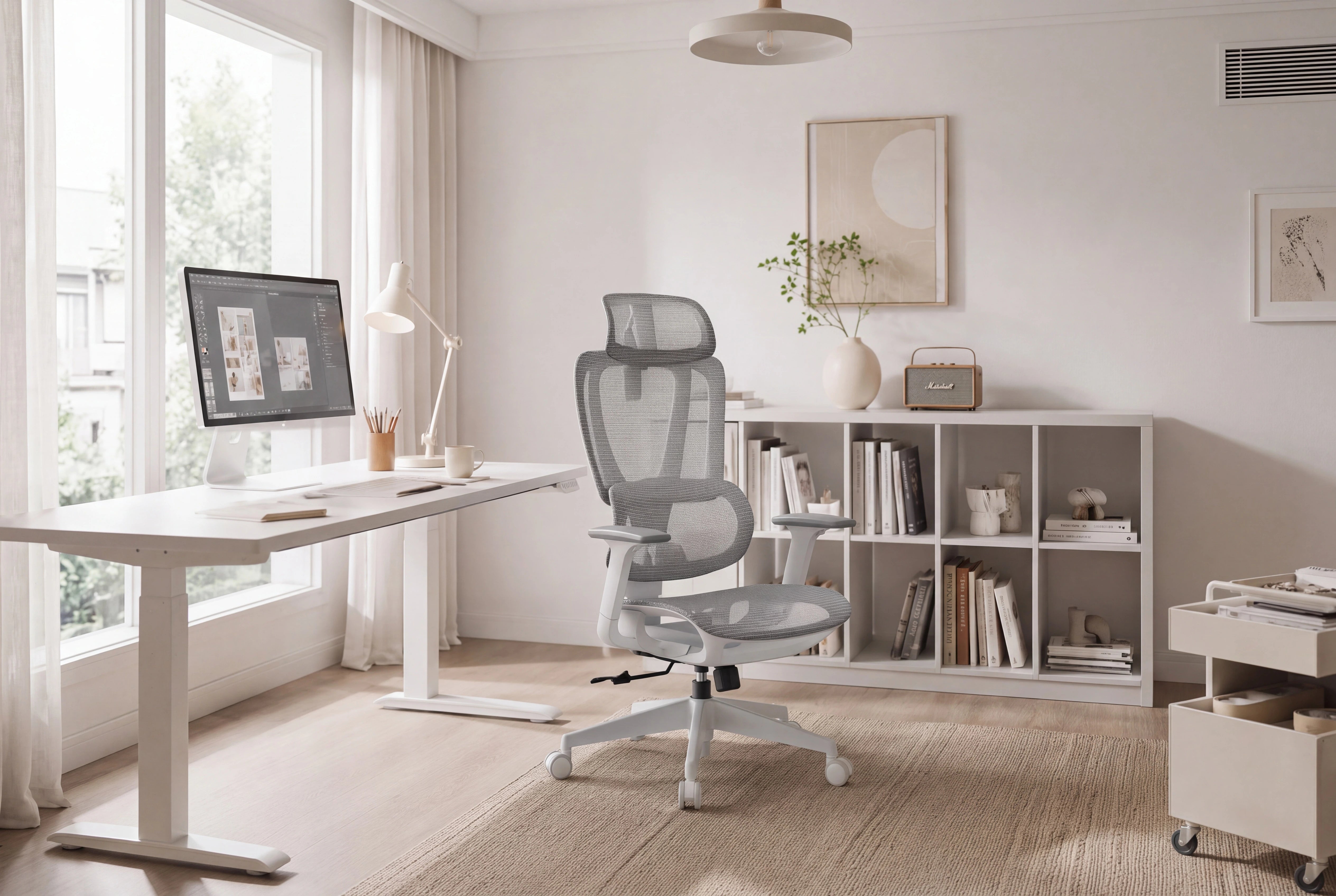 Ergonomic mesh chair in a bright personal home office