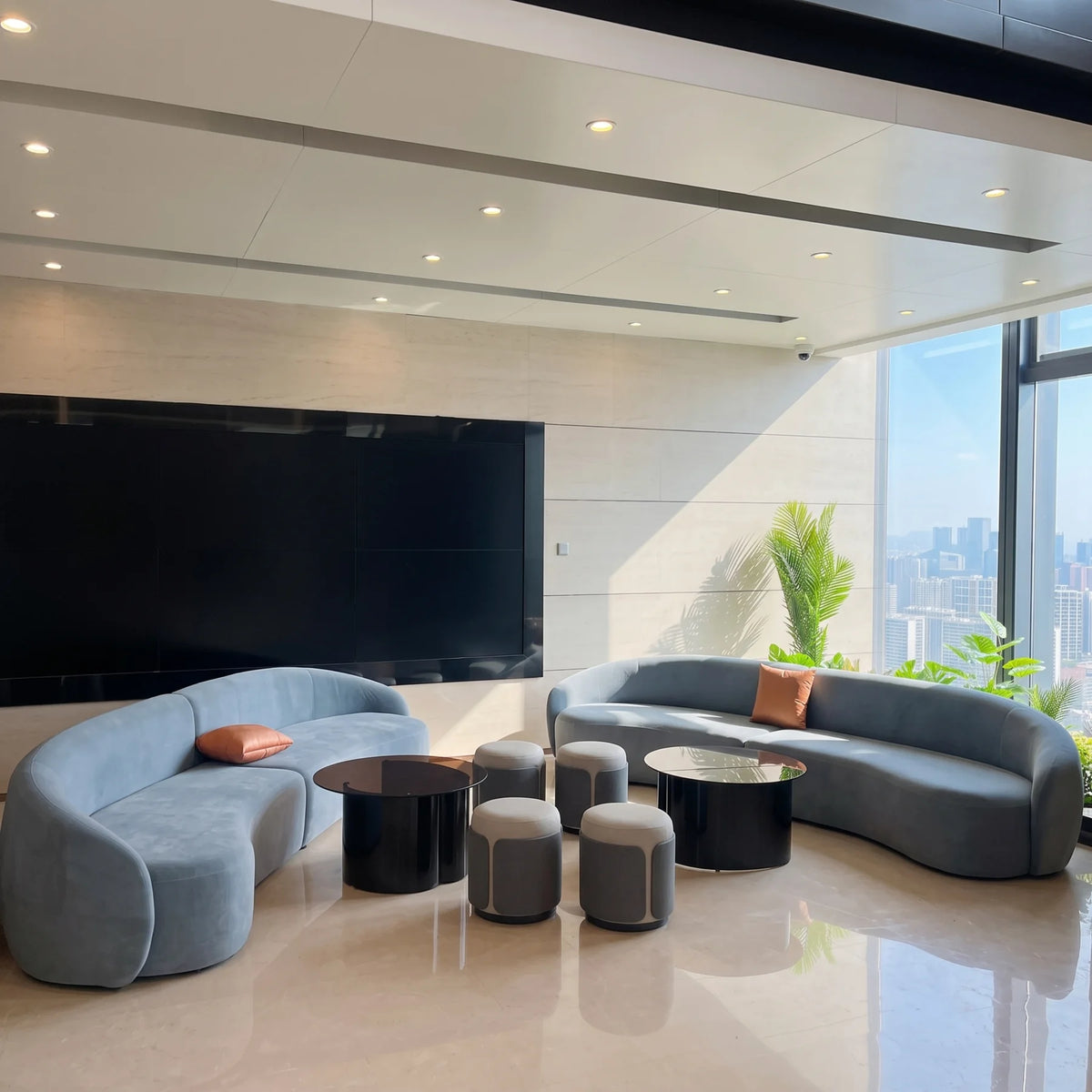 Curved reception lounge furniture in a modern startup office